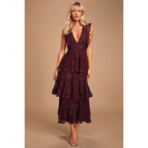 Lulus Burgundy Lace Ruffled Tiered Sleeveless Maxi Dress
